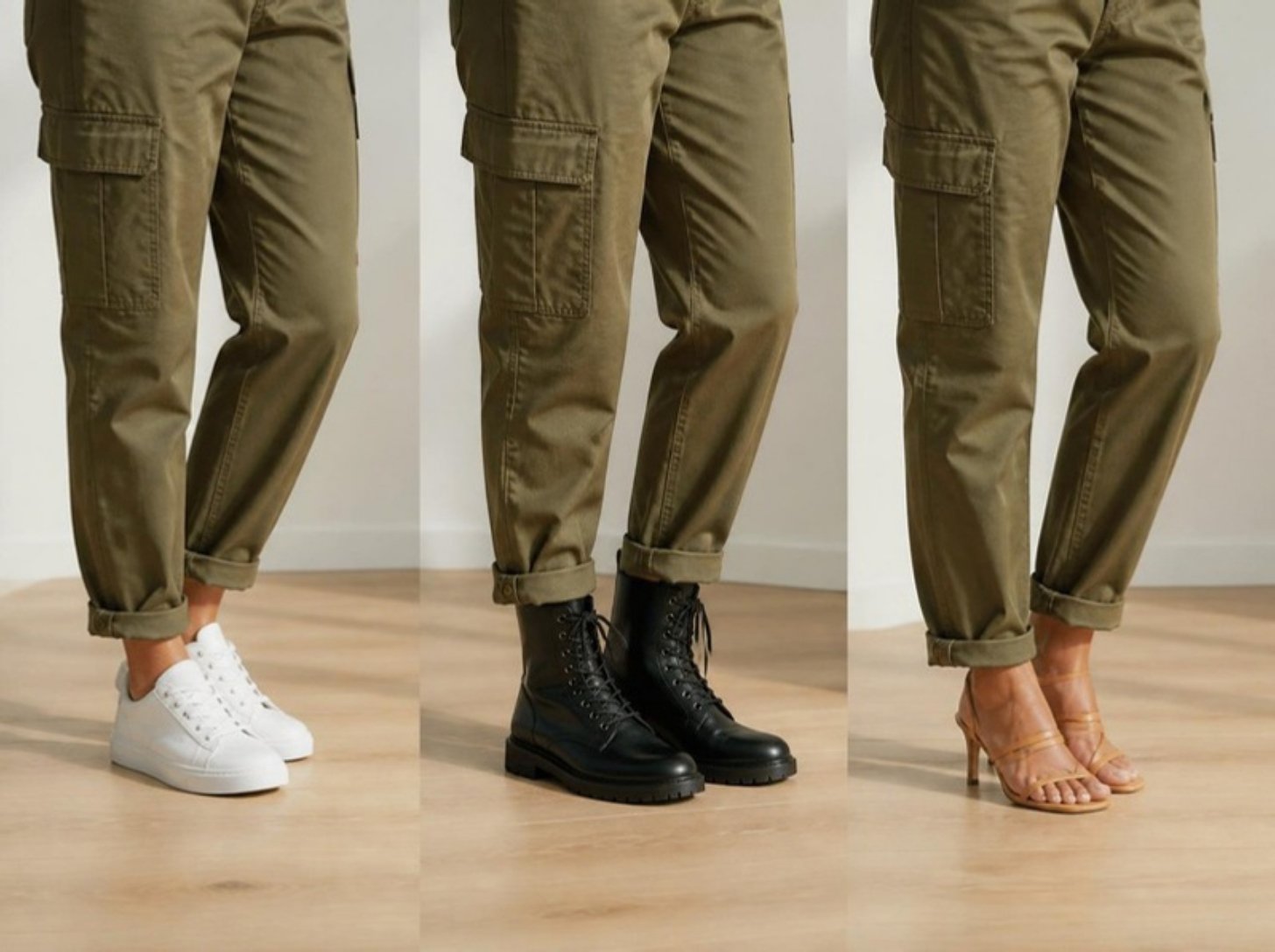 Calzado para cargo pants: zapatillas blancas, botas militares y sandalias de tiras