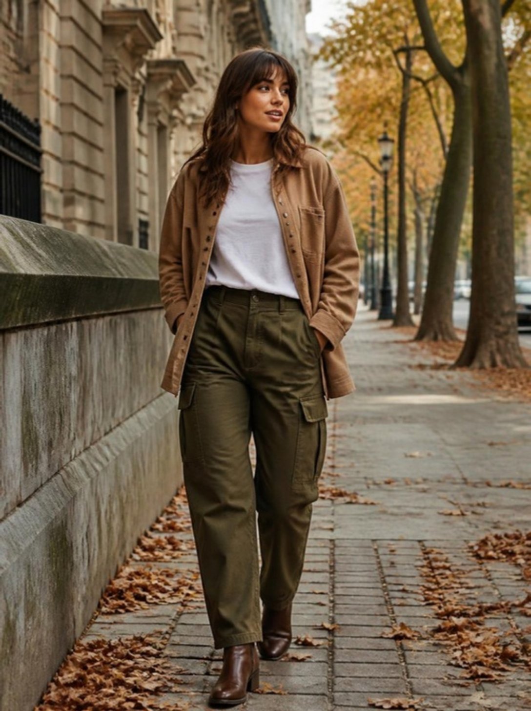Cargo pants en otoño: pantalón cargo verde oliva con camiseta blanca, sobrecamisa camel y botines