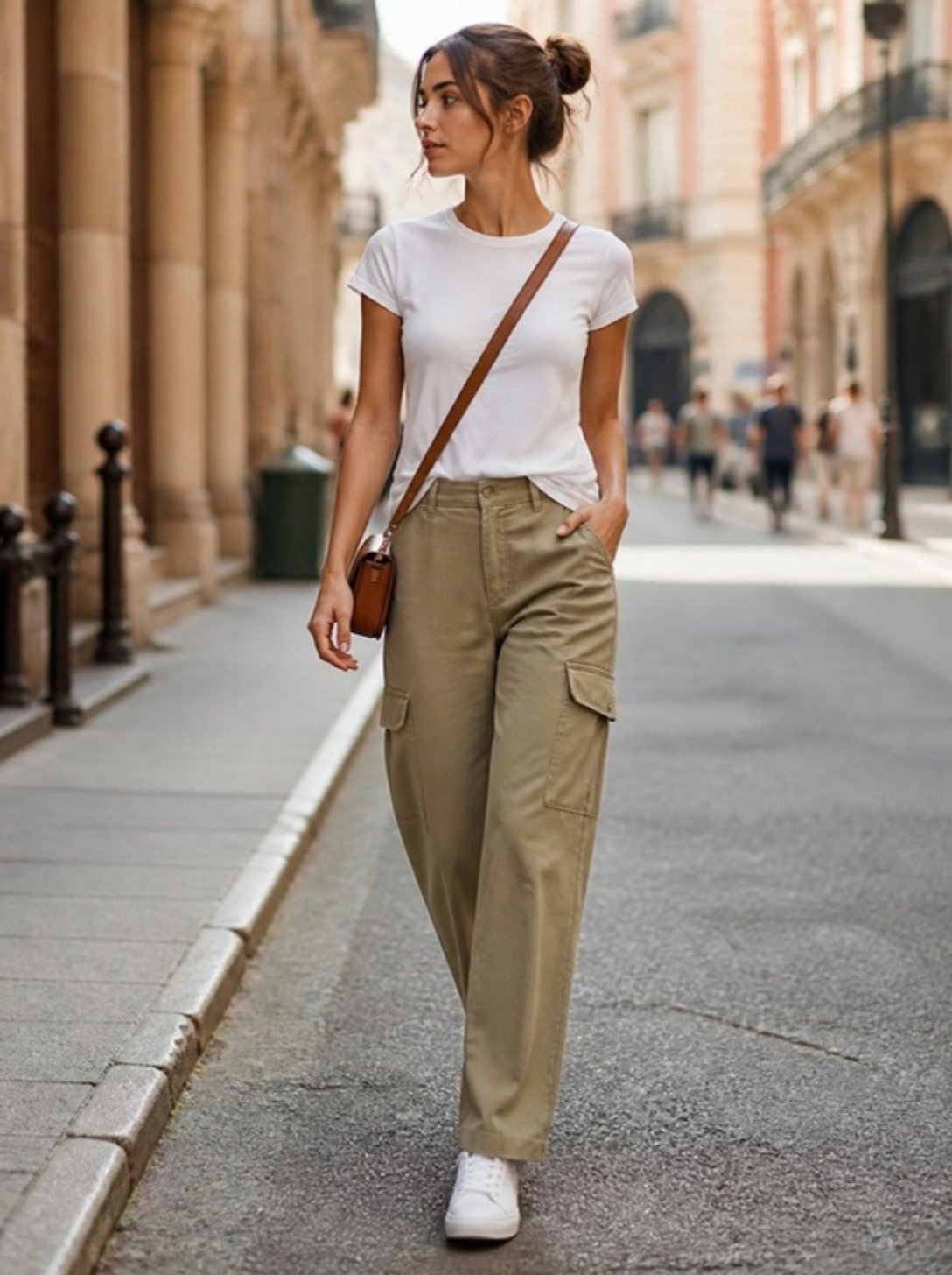 Cargo pants y camiseta: mujer con pantalón cargo caqui, camiseta blanca, bolso cruzado y zapatillas blancas