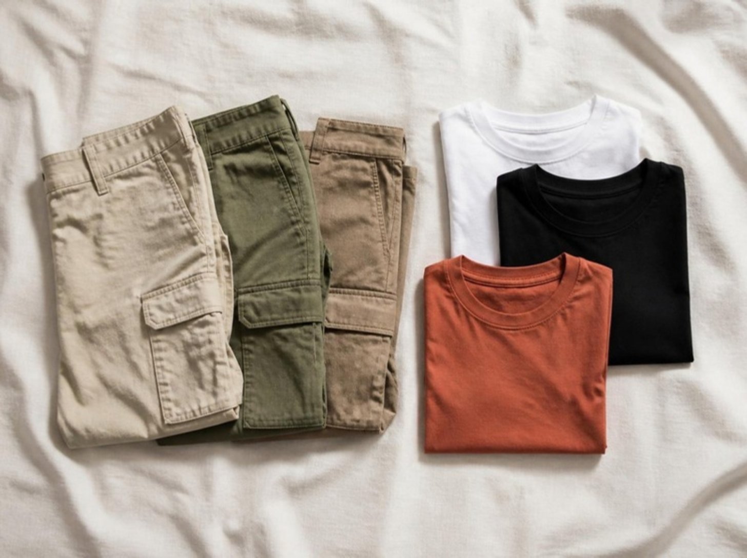 Colores de cargo pants caqui, verde oliva y beige junto a camisetas blanca, negra y terracota