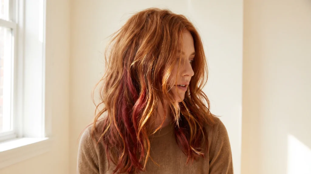 Cabello cobrizo con reflejos rojos, naranjas y dorados