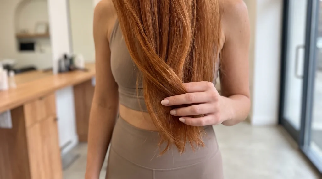 Cabello cobrizo sano y brillante visto de cerca