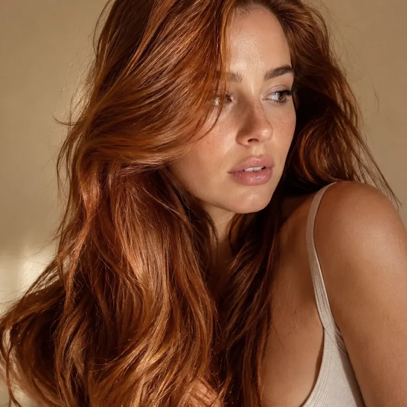 Mujer con cabello cobrizo largo y brillante en tono natural