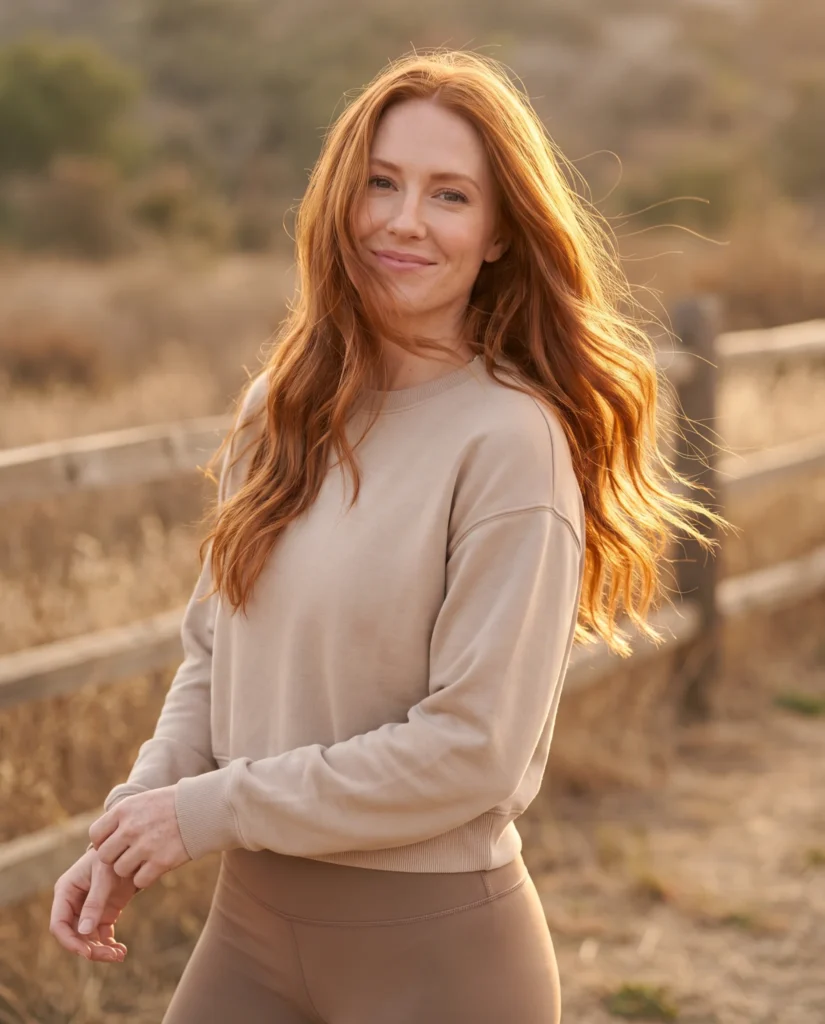 Mujer con cabello cobrizo largo iluminado por luz natural